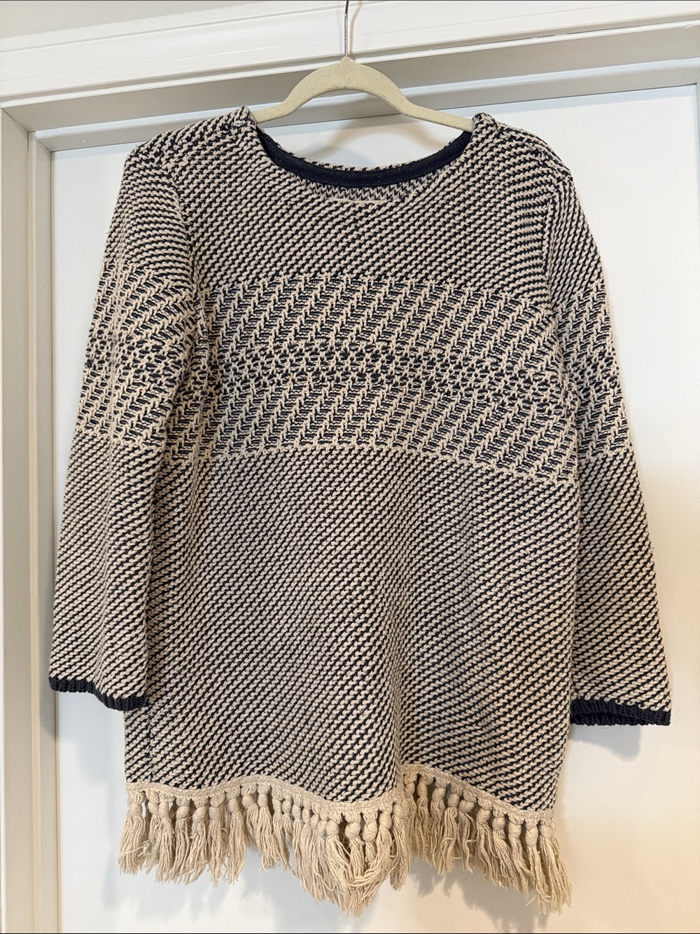 Lou & Grey Black and Cream Textured Fringe Crewneck Sweater